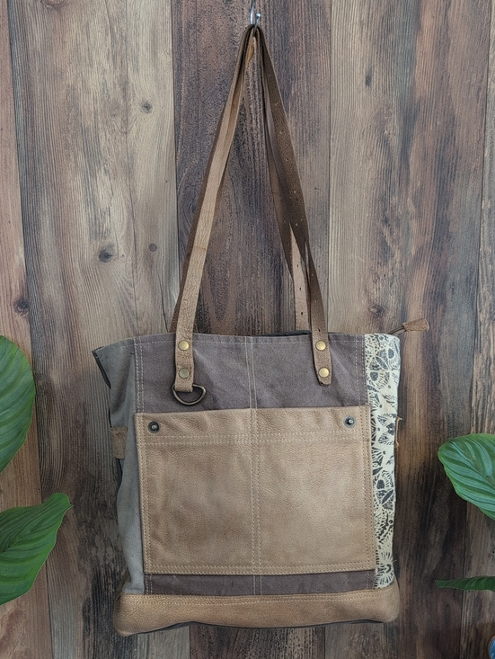 Myra Bag Handbags - Myra Bag Brown and Tan Floral Side Canvas Leather Tote Shoulder Bag 860A